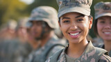 A smiling female soldier stands in focus among a blurred line of fellow service members, exuding confidence and pride.