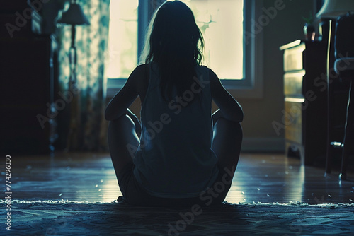 Teenager girl with depression sitting alone on the floor in the dark room photo
