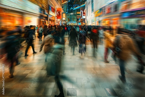 Dynamic blurred motion of crowd walking on city street, capturing the hustle and fast pace of urban life.