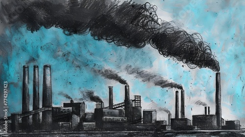 thCentury Inspired Charcoal Drawing of a Industrial Coal Plant Contrasting Blue Sky photo