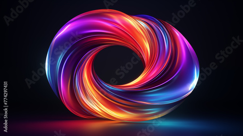 Swirling form with iridescent colors 3d rendering image. Abstract digital artwork on black background wallpaper colorful realistic. Holographic y2k concept idea, backdrop horizontal