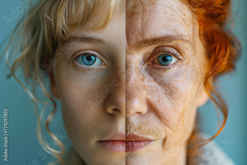 a split portrait of an old woman and young girl. representing the progress of time, aging, skincare, and the contrast between youth and old age