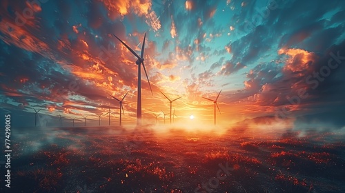 Renewable energy concept Solar panels and wind turbines silhouetted against sunset clouds, harnessing eco-friendly power