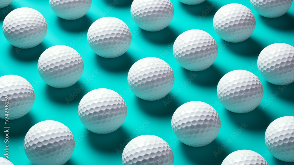 White golf balls scattered on teal surface 3d rendering image. Sports equipment. Golfing essentials background wallpaper colorful realistic. Golfclub concept idea, backdrop horizontal White golf balls scattered on teal surface 3d rendering image. Sports equipment. Golfing essentials background wallpaper colorful realistic. Golfclub concept idea, backdrop horizontal