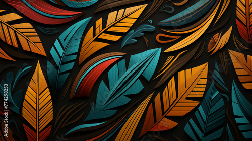 Lush tropical leaves pattern background image. Decorative feathers flat colorful illustration backdrop horizontal. Artistic flora botanicals. Nature inspired boho wallpaper art concept © AImg