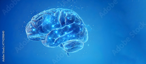  Surreal Human brain on blue background. Brain clearly visible: the frontal, temporal, parietal and occipital lobes. Copy space photo