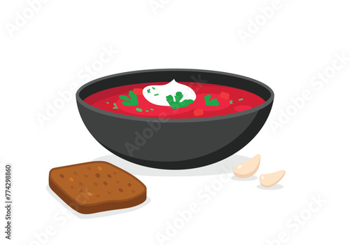 Vector illustration of Ukrainian dish. Red borscht with bread and chasnik