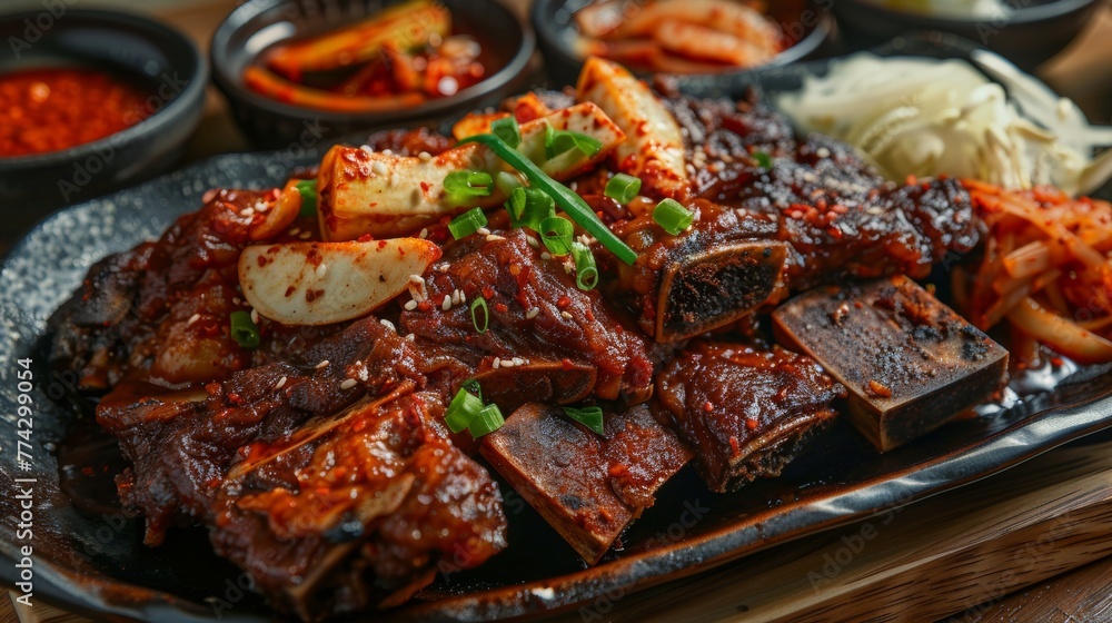 The Korean dish Kalbi is fried beef ribs with kimchi and red bean paste.