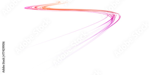 Abstract neon rays of light on a transparent background in PNG format. Light trail wave, fire path trace line, car lights, optic fiber and incandescence curve twirl. 
