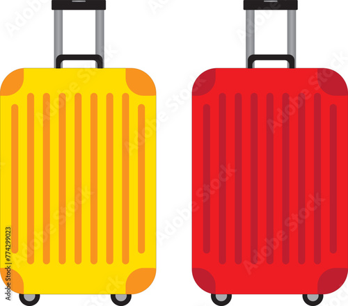 Red luggage and yellow luggage. Suitcase plastic bag flying, red and yellow. flat design style.