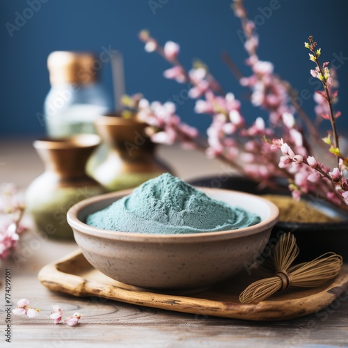 Blue matcha powder.
Concept: Exotic tea drinks, organic products, floral theme. photo