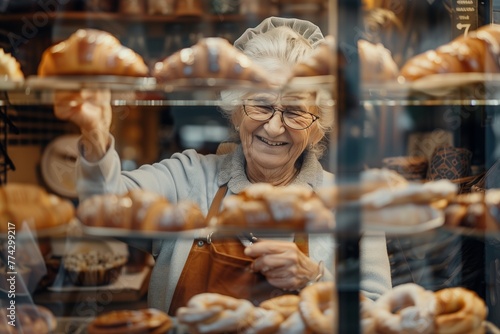 Portrait of happy senior woman working in bakery shop, taking away croissant from display case, smile on face, holding cutlery and looking at camera through glass window with pastries inside