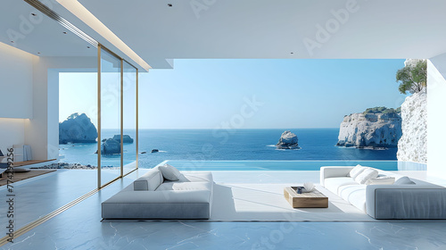 Panorama of minimal living room and View of the sea and small island. generative ai