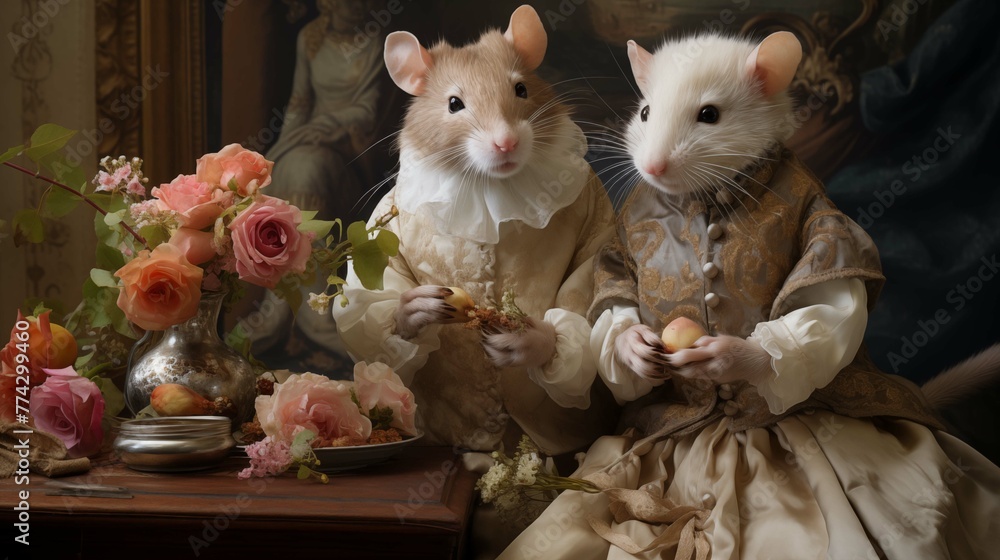 Two regal rodents in ornate historic clothing anthropomorphic scene ...