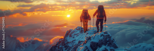 Hikers Reach the Mountain Top, Friendship Concept, Gen AI © Nicolae