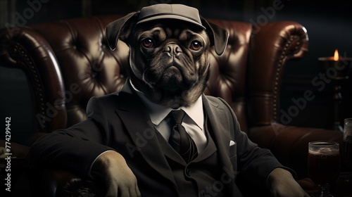 Detective outfit pug sits in leather armchair character anthropomorphic. Intellectual dog whimsical animal portrait humanlike. Anthropomorphism concept photography photorealistic photo