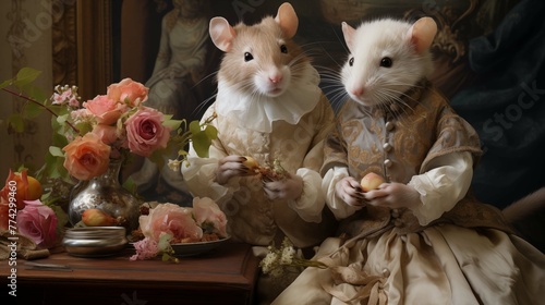 Two regal rodents in ornate historic clothing anthropomorphic scene. Still life of flowers, mice animals humanlike image fantasy. Anthropomorphism concept picture photorealistic