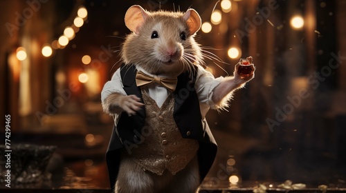 Rat in formal wear joyfully raises tiny glass character anthropomorphic. Mouse celebrating in lit banquet hall whimsical animal portrait humanlike. Anthropomorphism concept photography photo