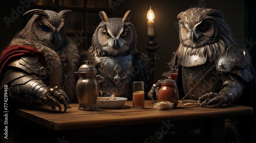 Owl knights in elaborate armor at banquet anthropomorphic scene. Medieval historical parody knightly birds humanlike image fantasy. Anthropomorphism concept picture photorealistic
