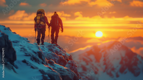 Hikers Reach the Mountain Top, Friendship Concept, Gen AI