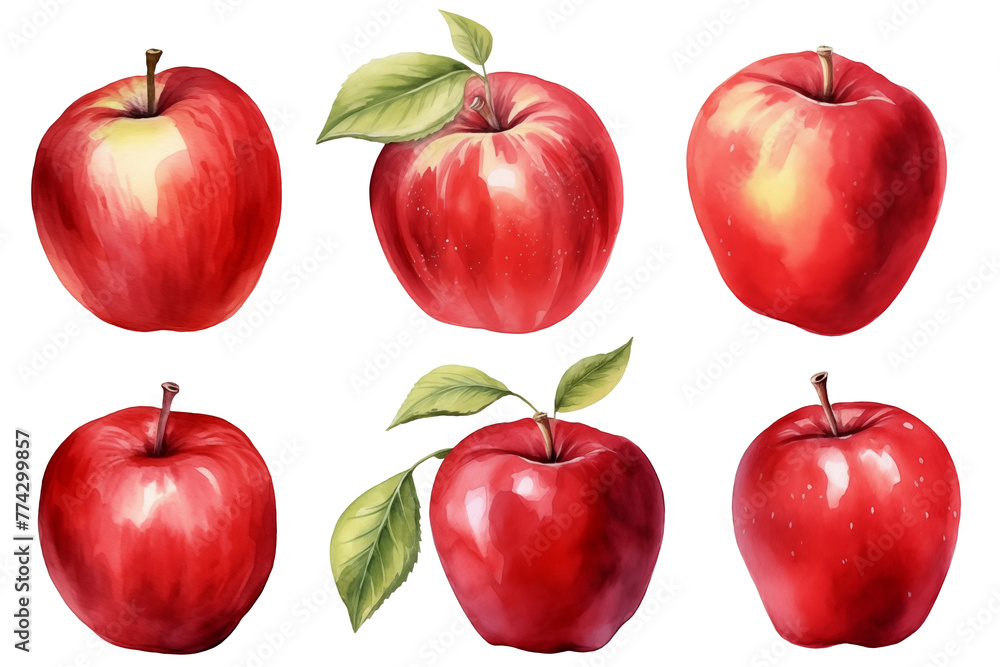Set of red apples watercolor isolated Set of red apples watercolor isolated