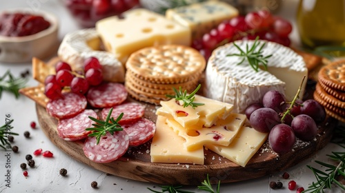 Explore a diverse spread of cheeses, sausages, crackers, and berries arranged enticingly on a platter