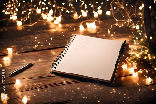 notepad on wooden desk with copyspace to add you text surrounded by fairy lightss photo