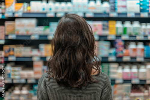 A woman is looking at the medicine section of a store