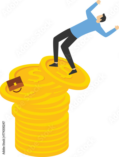 Financial instability concept. Uncertainty or unstable investment market, risky situation, economic recession, crisis or bankruptcy, businessman investor falling from stack of unstable money coins.

