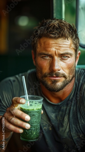 Muscular bodybuilder sipping green smoothie through straw, showcasing strength and health in every gulp