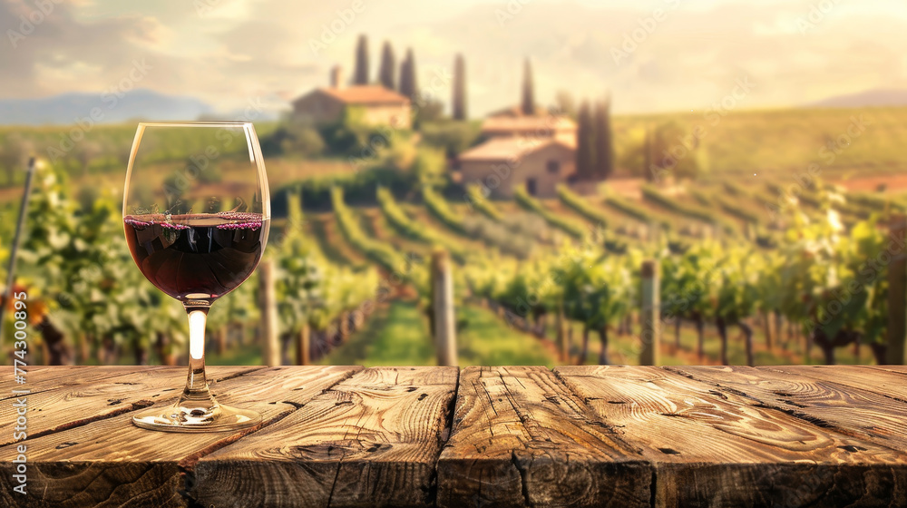 A glass of red wine is on a wooden table in front of a vineyard - obrazy, fototapety, plakaty 