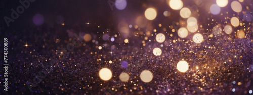 Background of abstract glitter lights. Lavender and bronze. Defocused. Banner.