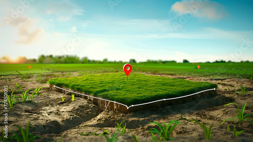 Location pin icon on green land plot, estate investment, land plot for construction project. 3d ground slice section