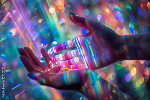 A vivid portrayal of a hand interacting with a shower of colorful light reflections creating an almost magical touch photo