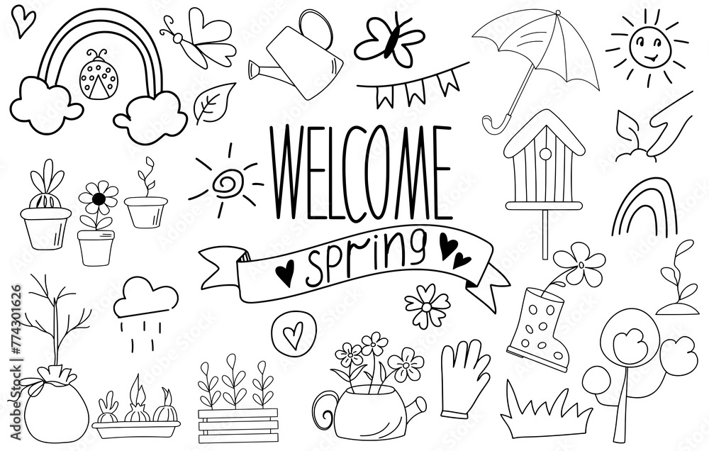 Hand drawn doodle spring elements with handwritten lettering welcome spring. Umbrella, fence watering can, bouquet of flowers, birds, rainbow. Hand drawn style. Gardening, springtime concepts.