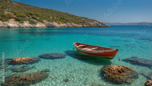 A solitary boat moored in a calm bay