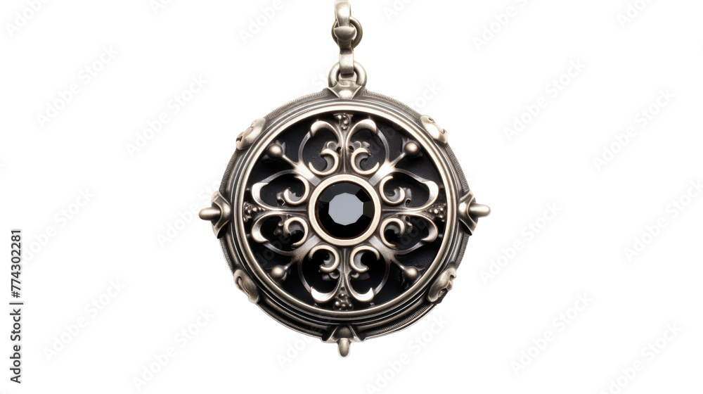 A pendant featuring a black stone centerpiece shining against a delicate chain