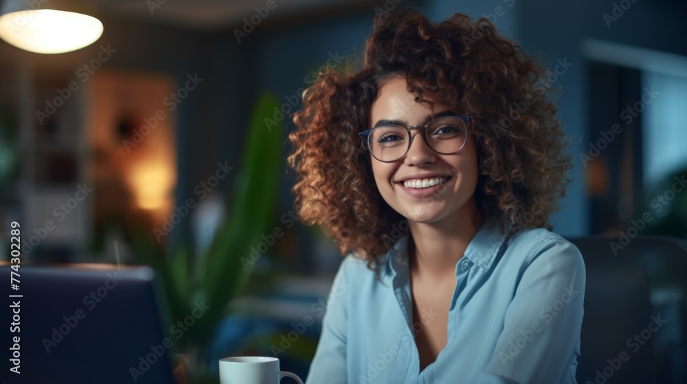 A Smiling Woman with Glasses - obrazy, fototapety, plakaty 