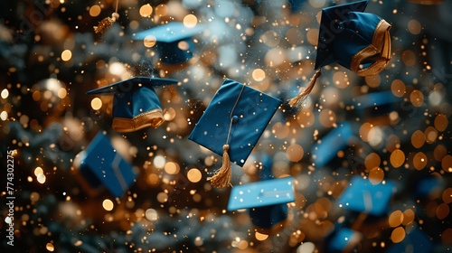 Graduation Caps Thrown in Air with Festive Sparkling Bokeh - Wide Banner