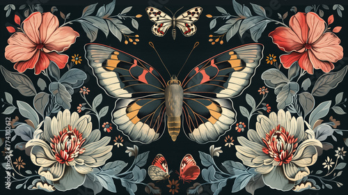Floral textile wallpaper with butterflies and flowers.