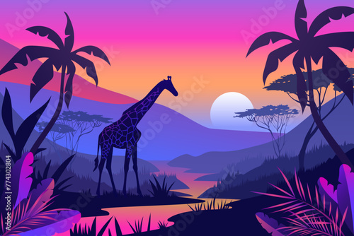 African evening landscape with a giraffe. Purple red sunset with african nature. Giraffe near a stream against a background of plants. Wild safari vector illustration.