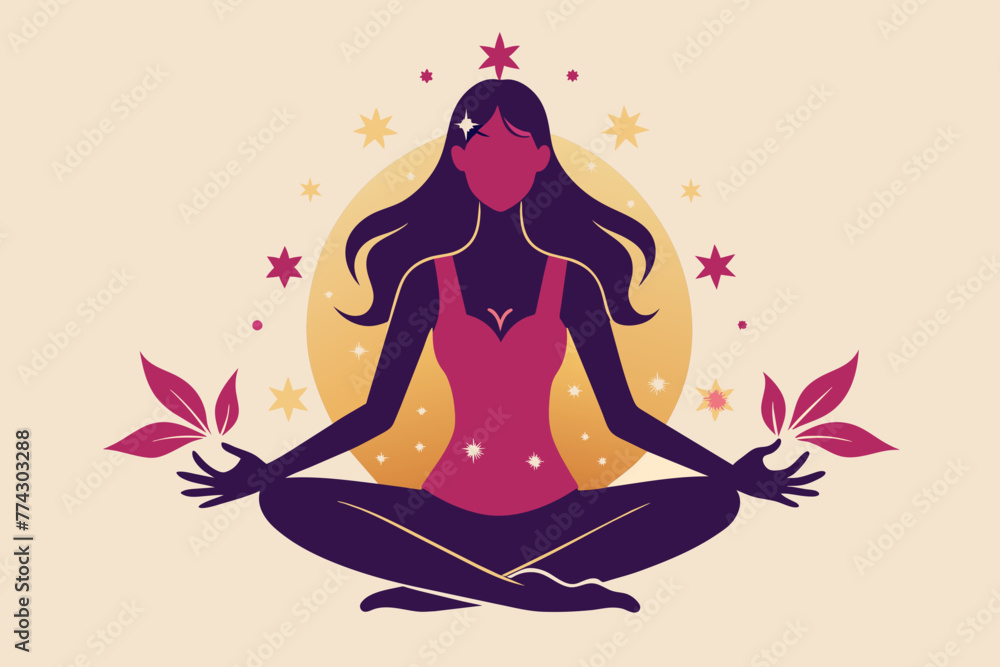 Yoga girl silhouette with stars in lotus position isolated. Tattoo, sticker or print design vector illustration