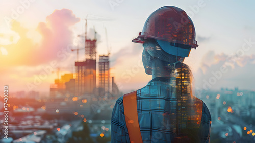 Dedicated Female Engineer in Urban Skies: Brilliant Mastermind Behind Cutting-edge Infrastructures amid Modern Architectural Canvas using Next Generation AIs and Artificial Technology