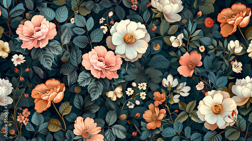 Floral textile wallpaper on a dark background with roses and peonies