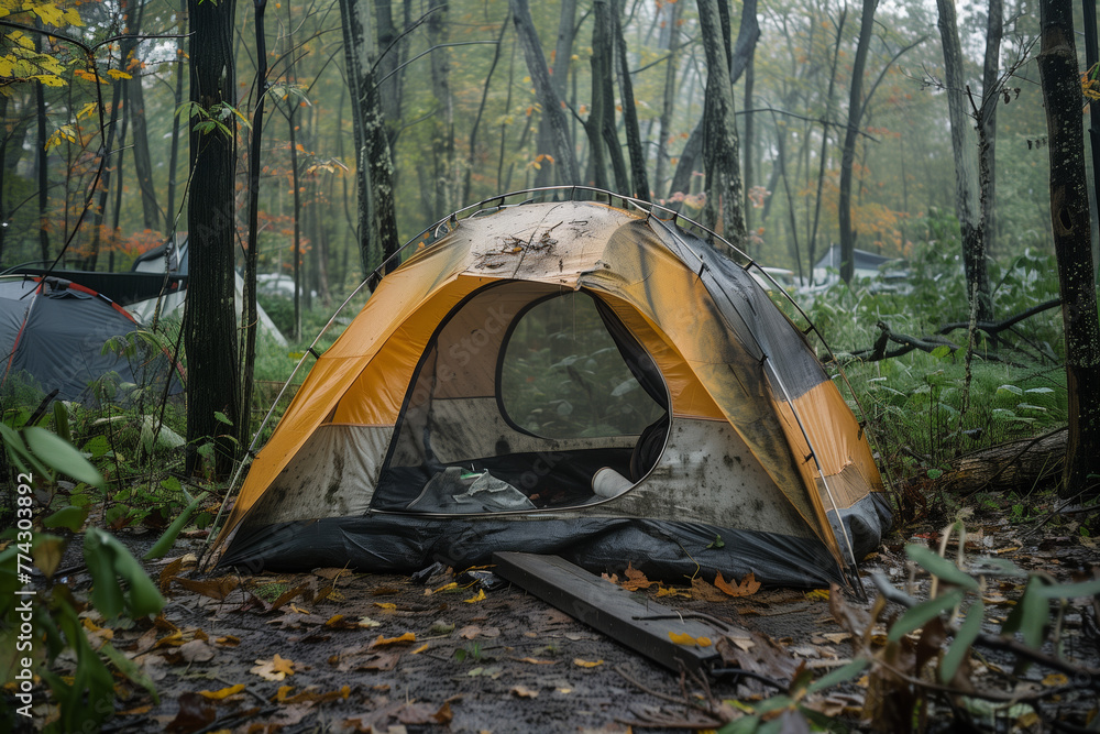 Abandoned tent used by a homeless person sleeping rough in the woods ...