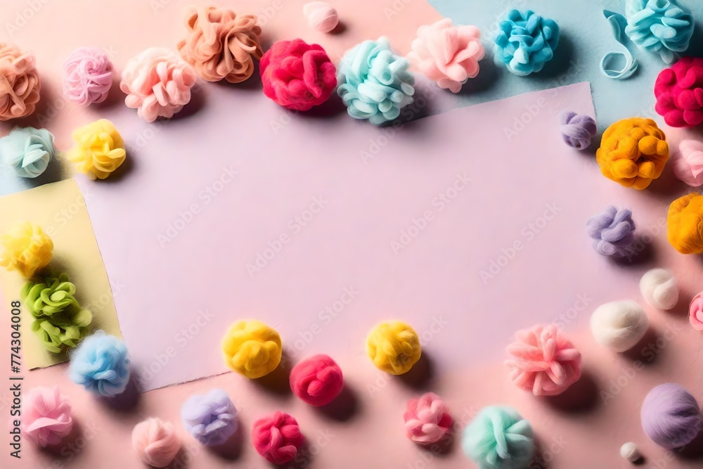 Graphic banner of colorful pastel felt craft pom poms, with copyspace Graphic banner of colorful pastel felt craft pom poms, with copyspace