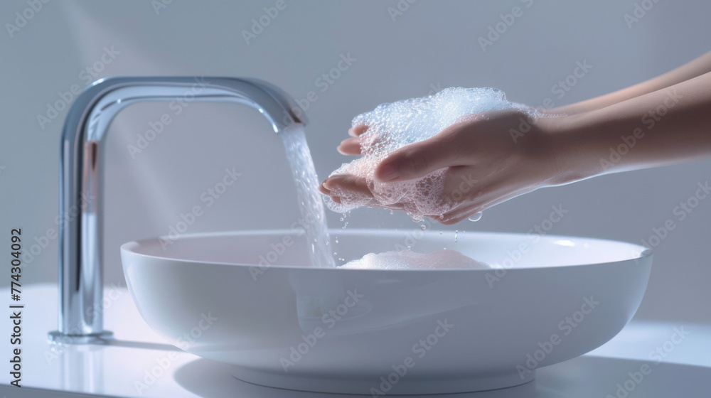Fototapeta premium Hands are being washed under running water with soap and bubbles.
