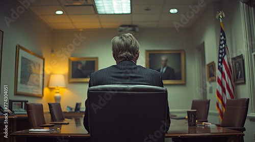 Government Bureaucrat Man Alone in Office at Empty Meeting Table with American Flag photo