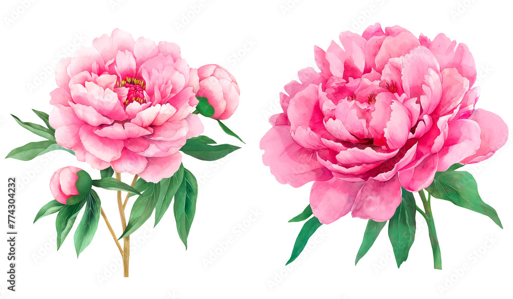 Set of pink peonies with stem and green leaves in watercolor. - obrazy, fototapety, plakaty 