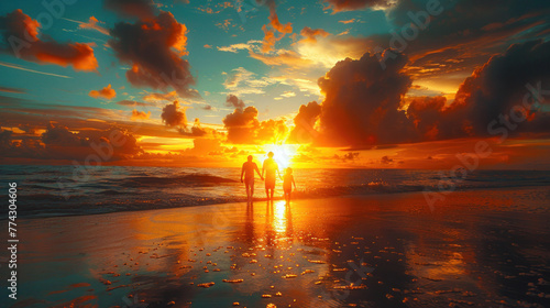 A joyful family relishes a tropical beach during sunset, capturing the essence of holiday travel and summer vacations.